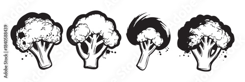 Four stylized broccoli florets depicted in a graphic black and white illustration, showcasing various artistic interpretations with a hand-drawn, grunge aesthetic.