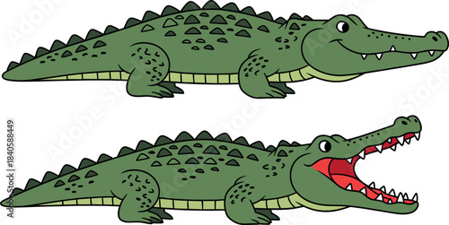 Two cartoon crocodiles or alligators, one smiling with a closed mouth and one showing sharp teeth with a wide open jaw, funny reptile vector illustration set.