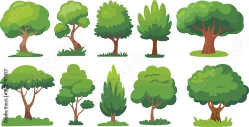 Cartoon tree illustration set, stylized foliage and trunk designs, colorful forest elements, educational nature graphics, vector botanical icons
