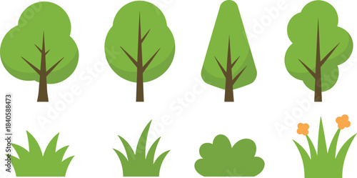 Cartoon tree, bush, grass, and flower illustration set, stylized nature elements, vector garden graphics, landscape design icons