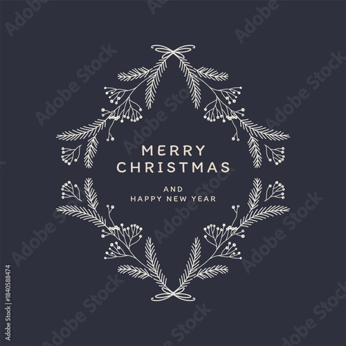 Christmas frame with fir branches, berries, leaves. Winter floral decor. Vector illustration hand-drawn in line art