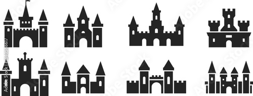 Castle silhouette icons, medieval architecture vector, fantasy fortress design, black castle shapes, turrets and towers, historic building illustration set