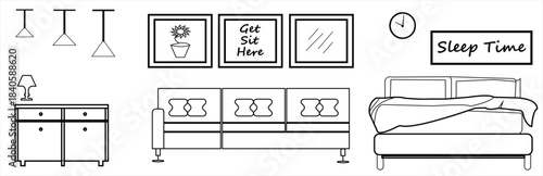 A minimalist black-and-white line art illustration featuring a set of furniture and decor for modern living and bedroom spaces. The graphic includes a cabinet, sofa, framed wall art, pendant lights.