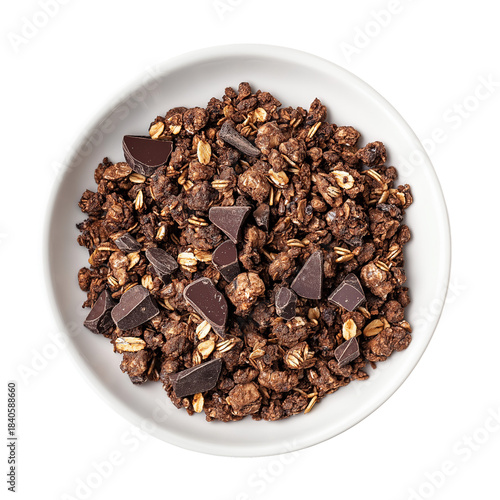 Top view of chocolate granola with dark chocolate chunks in a white bowl isolated on a transparent background
