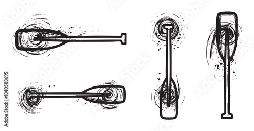 Four kayak paddles depicted with dynamic brushstrokes and water splashes in a stylized black and white vector illustration for outdoor adventure concepts.