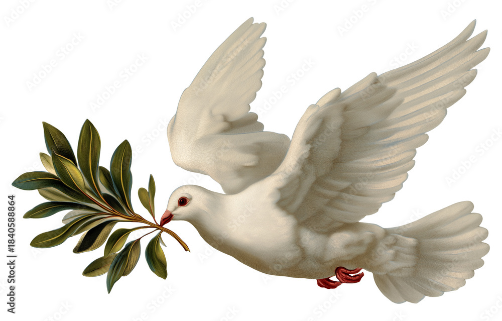 Obraz premium Peace dove carrying olive branch in beak transparent image. Flying bird with realistic shading isolated cutout. Faith hope symbol. Spiritual pigeon cut out clipart design element png