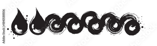 Black brush strokes water drops and waves form a dynamic and expressive graphic element, conveying fluid movement and artistic flair for creative projects.