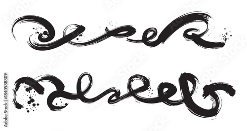 Abstract calligraphic brush strokes create decorative artistic elements with textured ink splatters, adding a dynamic and expressive touch to any design project.