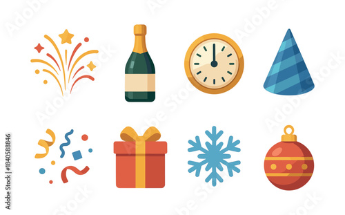 New year's eve party icons, celebration and decoration, flat vector illustration