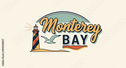 Vintage style logo for Monterey Bay featuring a lighthouse, a flying seagull, and stylized text.