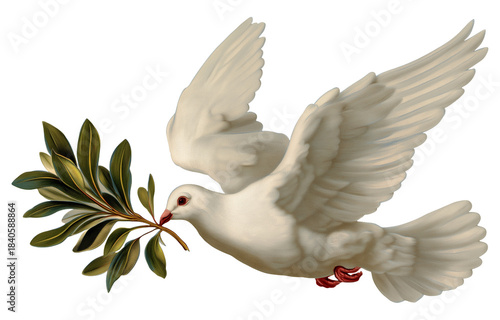 Peace dove carrying olive branch in beak transparent image. Flying bird with realistic shading isolated cutout. Faith hope symbol. Spiritual pigeon cut out clipart design element png