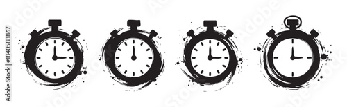 Four distressed black and white stopwatch icons with a dynamic grunge brush stroke effect symbolizing urgency, deadlines, and time management.