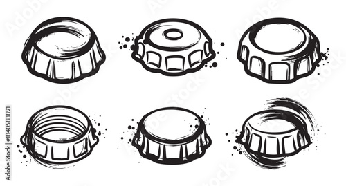 Six stylized bottle caps with a hand-drawn, grungy aesthetic, featuring various perspectives and brush stroke details, perfect for beverage-related designs.