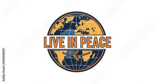 A stylized globe with continents in orange and oceans in dark blue, featuring the text 'LIVE IN PEACE' prominently across its center, with an airplane icon below.