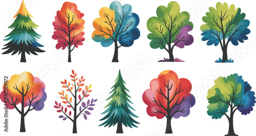 Colorful stylized tree illustration set, vibrant foliage and trunk designs, seasonal forest elements, artistic botanical graphics, vector nature icons