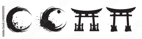 Japanese Enso circles and Torii gates are traditional symbols of spirituality and culture, rendered in a striking black ink brush stroke style.