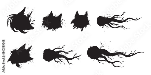Abstract ink splatters and grunge brushstroke shapes create a dynamic collection of stylized animal heads and flowing organic forms, perfect for graphic design projects.