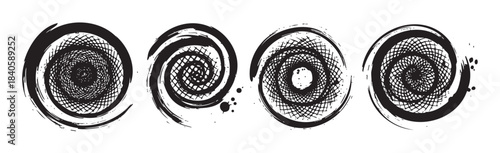 Abstract spiral designs with grunge texture and artistic brushstrokes create a dynamic and modern collection of decorative graphic elements for various creative projects.