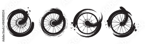 Four artistic bicycle wheels with dynamic brushstroke style and ink splatters convey a sense of speed, motion, and creative energy for sports and cycling concepts.