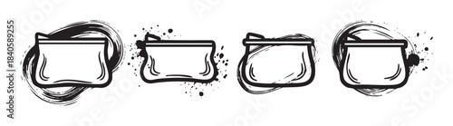 Cosmetic bags vector illustration set featuring a grunge brushstroke style with ink splatters, perfect for graphic design elements and artistic projects.