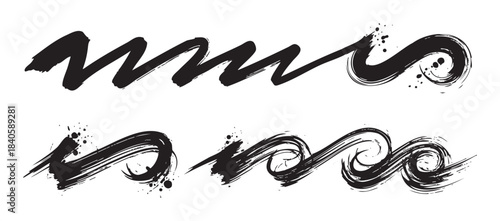 Black ink brush strokes create a dynamic set of artistic grunge textures with expressive splatters, forming abstract wavy lines and decorative elements for design.