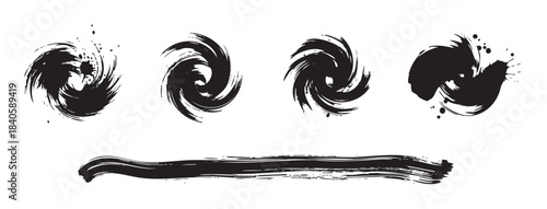 Abstract black ink brush strokes create dynamic swirling shapes and a textured line, perfect for artistic design elements and graphic projects.