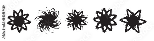 Abstract brush stroke floral shapes with a grunge texture and artistic splatter effect, forming a set of decorative and expressive design elements.