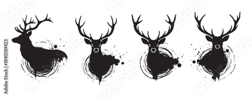 Four stylized black deer silhouettes, each featuring impressive antlers and a unique grunge brushstroke effect, creating a striking artistic design.