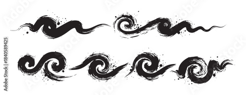 Abstract black ink brush strokes create dynamic wavy patterns and artistic swirls with a textured, grunge-like effect, perfect for creative design elements.