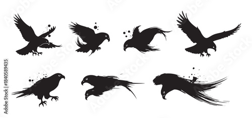 Seven majestic eagles in various dynamic flight and landing poses are depicted as powerful black silhouettes with expressive brushstroke details.