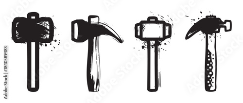 Four different stylized black and white hammer illustrations showcasing various designs with a grunge, ink splatter texture, perfect for construction, repair, or DIY concepts.