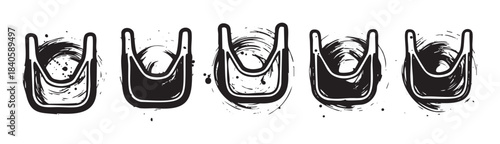 Five reusable shopping bags with handles are depicted in a modern, distressed, black and white graphic art style, featuring a unique grunge texture.