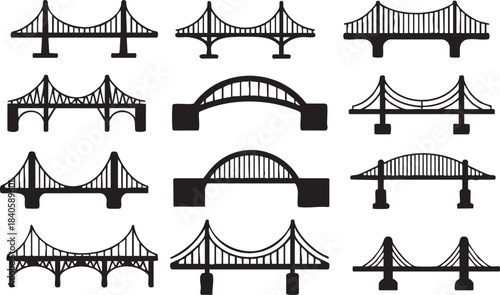Different types of bridges black silhouettes set