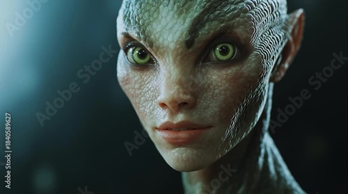 Enthralling portrait of a humanoid reptilian creature. Her vibrant green eyes lock you in as her scaled skin reflects the dim light.