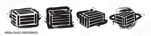 Four wooden crates are illustrated with a stylized brush stroke and ink splatter effect, perfect for graphic design elements and abstract concepts.
