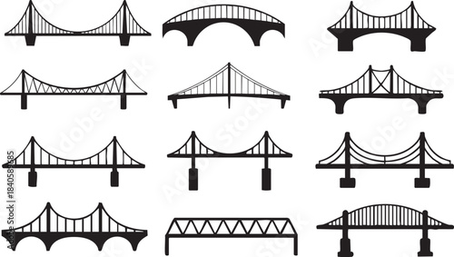 Different types of bridges black silhouettes set