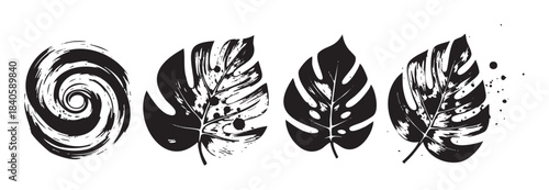 Monstera leaves and abstract swirl graphic elements create a stylish collection of tropical and artistic design components with grunge textures.
