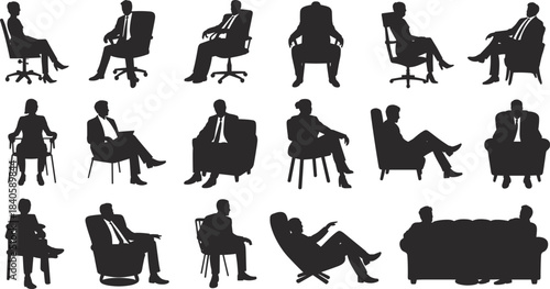 Silhouette illustration of seated people in chairs, business posture icons, ergonomic design reference, formal sitting positions, vector graphics