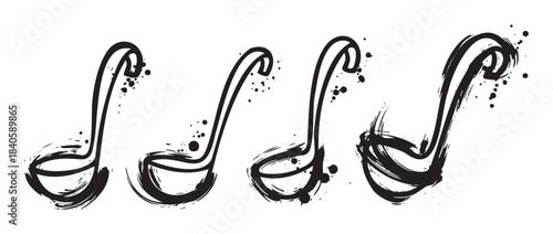 Four stylized kitchen ladles drawn with expressive brushstrokes and ink splatters, showcasing a dynamic artistic style for culinary themes.