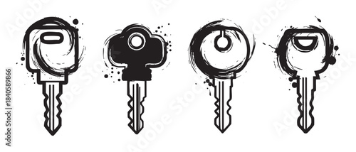 Four distinct artistic keys with grunge brushstroke texture, representing security, access, and unlocking possibilities in a creative vector illustration.