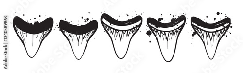 Five stylized shark teeth in a grunge ink style are depicted with splatters, creating a fierce and edgy marine illustration for various design projects.