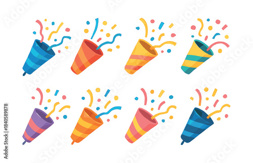 Party popper celebration, flat vector illustration with confetti and streamers
