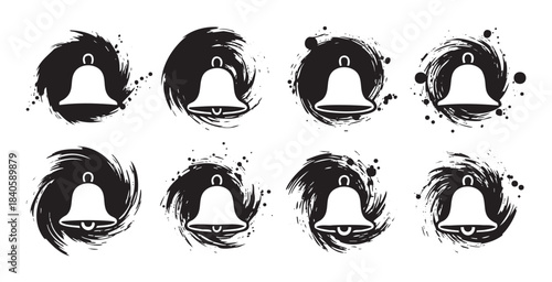 Bell icons set with grunge ink splash circles, representing alerts, notifications, and important messages in a modern, artistic graphic style.