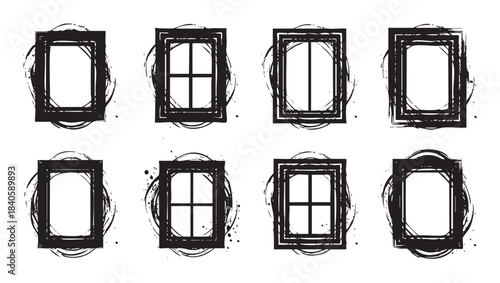 Hand drawn grunge window frames and empty rectangles are presented in a collection of artistic, textured, and distressed vector illustrations.