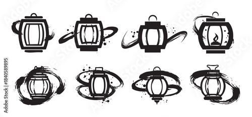 Artistic brushstroke lanterns collection featuring various traditional and modern designs with dynamic ink splatters and textured details.