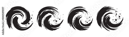 Collection of four abstract brushstroke swirls with textured ink splatters offers a versatile and expressive graphic design element.