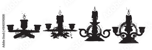 Four grunge candelabras with lit candles are depicted in a distressed black silhouette style, perfect for Halloween or vintage designs.