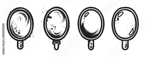 Four hand mirrors with unique distressed textures and artistic reflections are arranged in a horizontal row, showcasing a vintage, grunge illustration style.