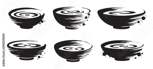 Six stylized bowls with swirling liquid patterns and brushstroke textures create a traditional Asian-inspired graphic design element.