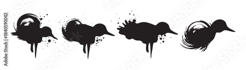 Four abstract ink birds with expressive brushstroke textures are depicted in a modern, artistic style with splatters and drips, creating a dynamic graphic design element.